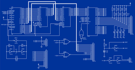 Vector electrical circuit.  Schematic diagram of electronic device, operating 
under control of microcontroller. Technical scheme with logic gates, integrated 
circuit, resistor, diode, capacitor.