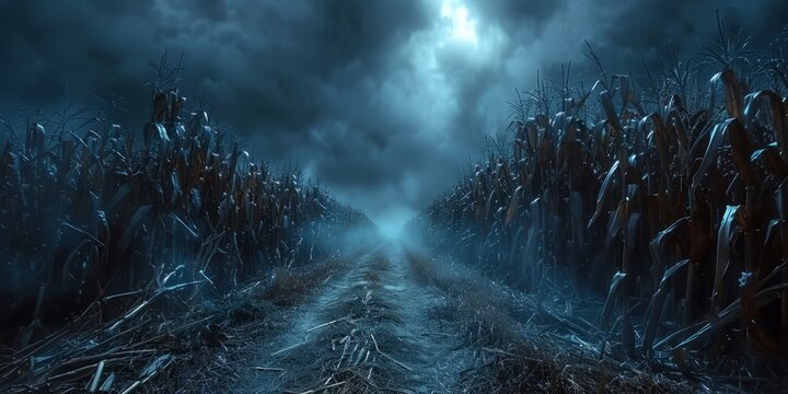 Spooky cornfield for Haunted Corn Maze Day, October 28th, eerie ambiance, night setting, Halloween spirit