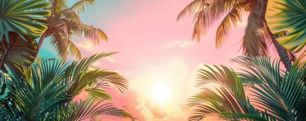 Exotic palms with sunset colors, botanical background copy space, tropical escape, vibrant, manipulation, resort, copy space for text