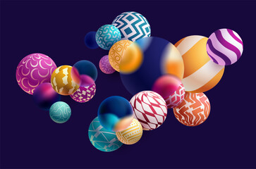 Colored 3D geometric shapes. Composition balls and spheres in glass style. Abstract vector background