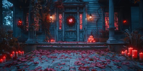 Spooky haunted house decorations for National Haunted House Day, October 29th, eerie ambiance, night setting, Halloween spirit