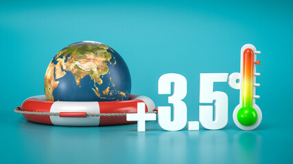 Erderwärmung - Erde mit den Kontinenten Asien, Afrika und Europa in einem Rettungsring - Thermostat mit Temperaturanzeige 3,5 Grad