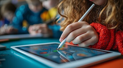 Modern Classroom Scene Showing Student Using Digital Tablet And Stylus For Interactive Learning And Creative Expression