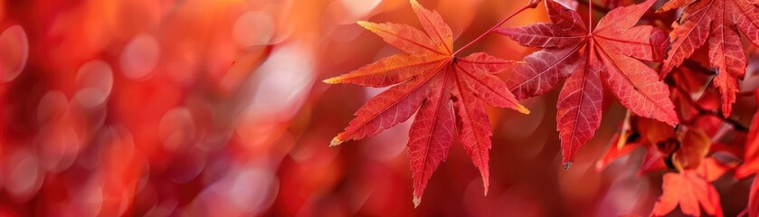 Macro shot of red maple leaves, botanical background close up, natures beauty, vibrant, composite, park, copy space for text