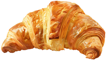 Freshly baked croissant with golden flaky layers, isolated on a white background