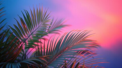 Palm leaves bathed in sunset hues, exotic botanical background selective focus, sunset serenity, whimsical, overlay, beachside, copy space for text