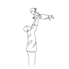 One continuous single drawing line art flat doodle kid, parent, child, family, love, fun, dad, throw, playing, happiness. Isolated image hand draw contour on a white background
