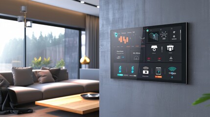 A modern living room with a wall-mounted home security control panel, displaying AI-driven alerts and live camera feeds.