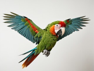 Fototapeta premium Green winged Macaw Ara chloroplasts flying isolated on white