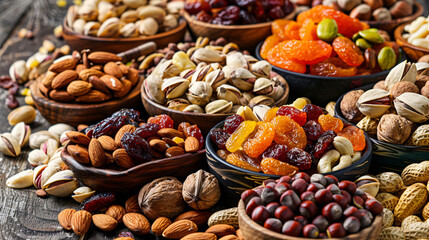 Assorted nuts and dried fruits on a table