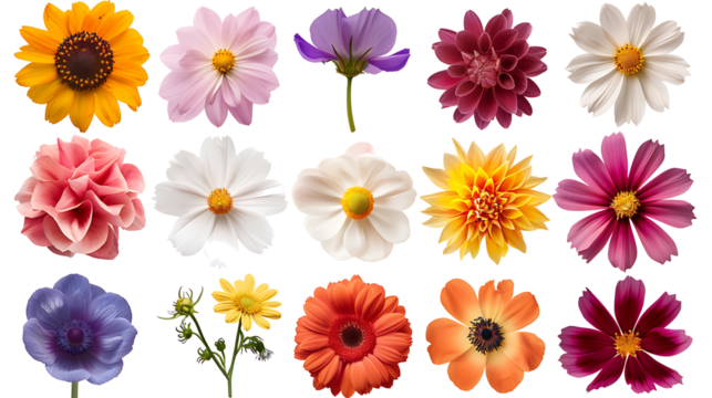 Set of various exotic tropical blooming flowers isolated on withe background, cut out