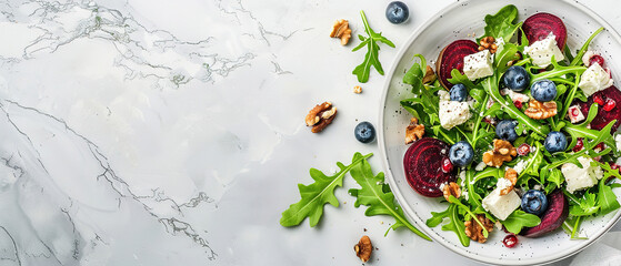 Delicious salad with sweet beets, blueberries, feta cheese, arugula and walnuts, with empty copy Space, light marble table background, top view