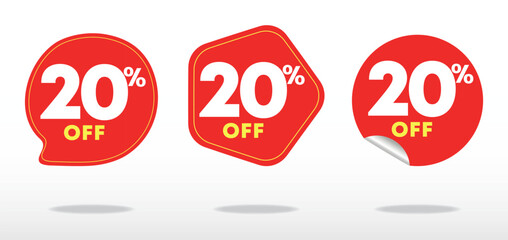 Offer label, value, price, sticker, quote. Poster, banner, social media, marketing, business. 20% off. Advertising campaign, sales, promo, retail, store. Vector, set, icon