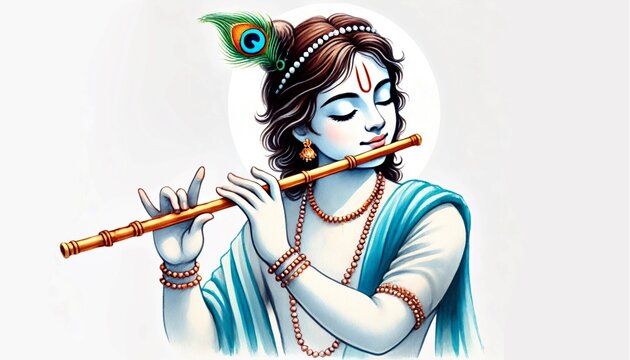 Watercolor illustration of lord krishna playing flute for janmashtami.