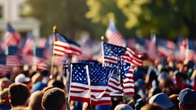 Crowd of People Holding American Flags at a Patriotic Event