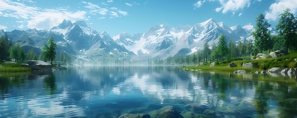 Naklejka premium Serene Mountain Lake Landscape - Digital Illustration