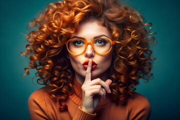 Woman with curly red hair, wearing orange glasses, making a shushing gesture, creating a playful and mysterious vibe.