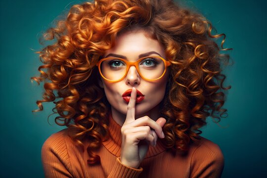 Woman with curly red hair, wearing orange glasses, making a shushing gesture, creating a playful and mysterious vibe.