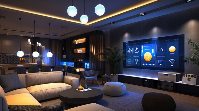 A modern living room with integrated home automation systems, featuring smart lights, a smart thermostat, and a large screen displaying the home control dashboard.