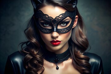 Sensaul young brunette woman in catwoman mask