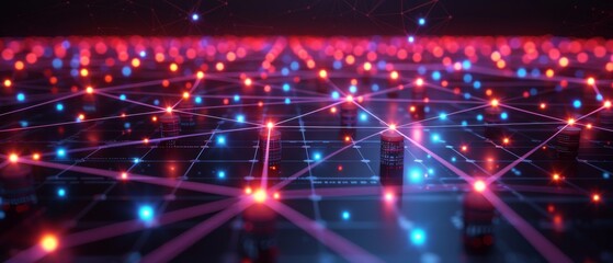 Obraz premium Abstract digital network illustration showcasing vibrant nodes and connections in blue and red, symbolizing technology and innovation.