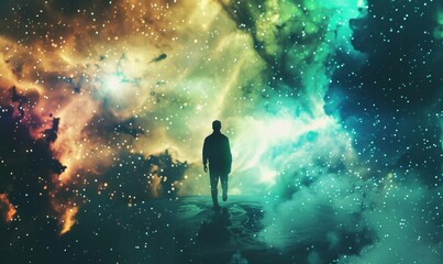 Surrealistic silhouette of dreamlike figure in cosmic space, blending human form with celestial elements