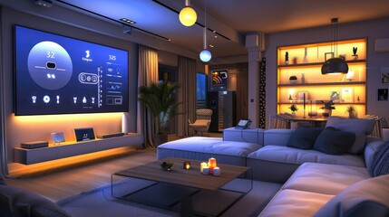 A modern living room with integrated home automation systems, featuring smart lights, a smart thermostat, and a large screen displaying the home control dashboard.