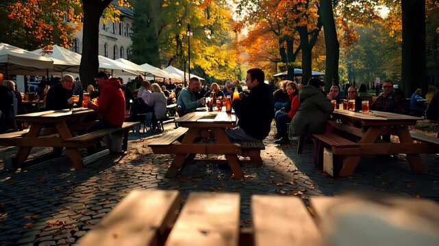 Beer Garden, Two Beer Mugs on Picnic Table, Social Gathering, Autumn