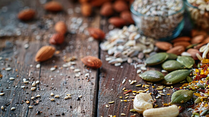 Obraz premium Assorted seeds and nuts on a wooden table