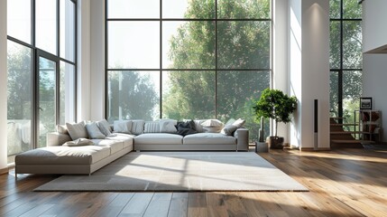 natural light dcor, spacious windows illuminate a modern interior, filling the room with sunlight and fostering a cozy ambiance