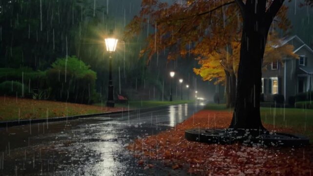 The atmosphere of a rainy night on a quiet street with street lights on. Seamless 4K looping timelapse video animation generated AI