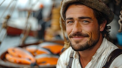 Obraz premium Rugged Outdoor Explorer with Beard and Hat Contemplating Nature's Scenery