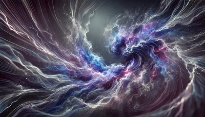 Mesmerizing abstract dynamic neon lines of lights with swirling energy simulating lightning on a cosmic background. Futuristic laconic background