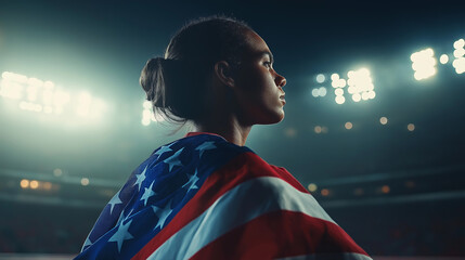 Athlete Celebrating Victory with American Flag in Stadium
