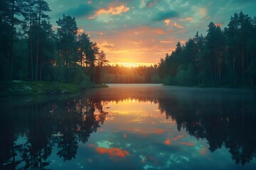 Forest Lake Sunset - Digital Painting Illustration