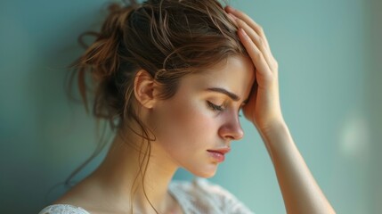 Fototapeta premium Exhausted woman in profile holding head, overwhelmed and stressed with mental health issues