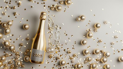 Naklejka premium The number 2025 and gold bottle of champagne on the gold and beige background.