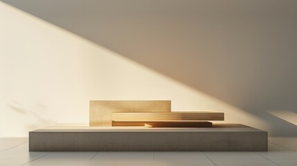 Minimalist wooden platform with sunlight illuminating a white wall.  Perfect for product display or mockups.