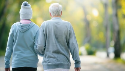 Obraz premium Elderly couple walking briskly in a park, cardio exercise, healthy lifestyle