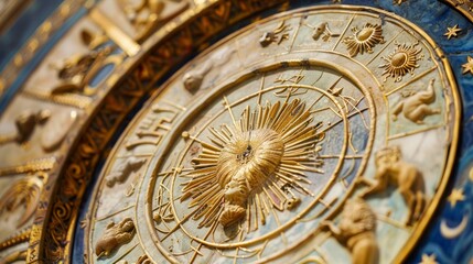 Obraz premium Concept of astrology and horoscope, person inside a zodiac sign wheel, Astrological zodiac signs inside of horoscope circle, Astrology, knowledge of stars in the sky, power of the universe concept.