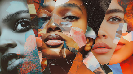 Obraz premium Collage of Diverse Female Faces, Artistic Portrait, Cultural Diversity
