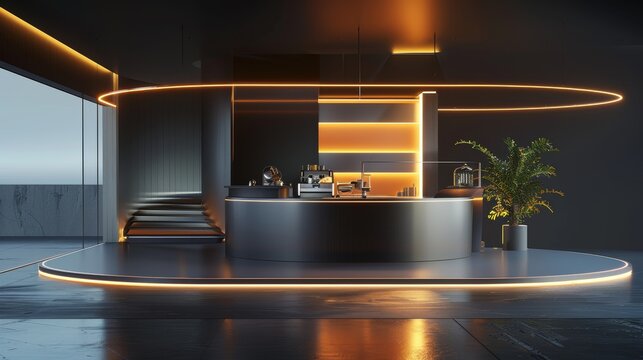 Modern, futuristic bar interior with neon lighting and a sleek, circular design.