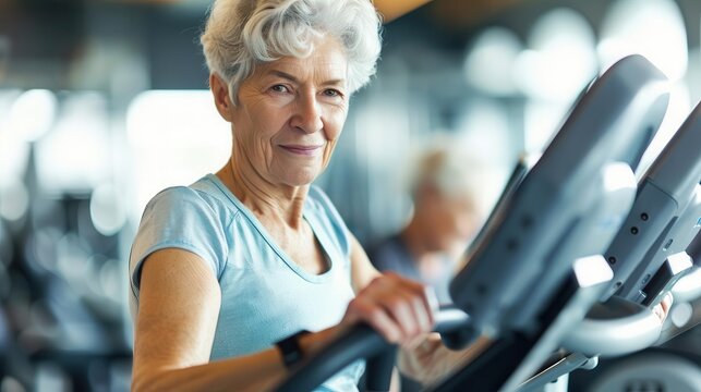 Elderly woman in gym using elliptical machine, cardio workout, fitness for seniors