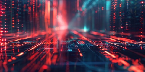 Obraz premium Futuristic digital network art with glowing lights, data streams, and modern design featuring a hightech aesthetic