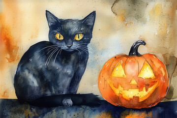 halloween cat with pumpkin