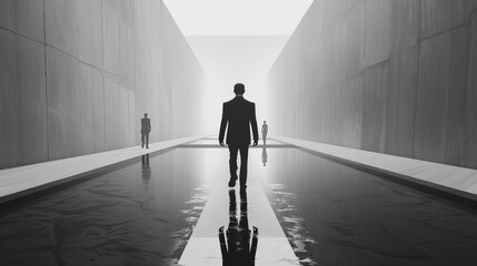Silhouettes of three men walking in a futuristic corridor with a reflecting pool.  A sense of mystery and isolation.