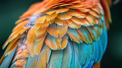 Fototapeta premium Macro shot of a bird's vibrant feathers showcasing intricate patterns, bird feathers, color and texture
