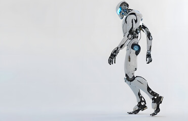Fototapeta premium Full-Length Photo of Robot with Glowing Blue Eyes on White Background.
