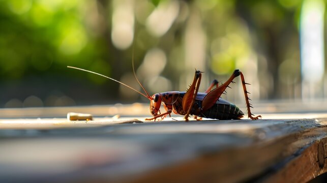 Close-up view of a small green cricket or grasshopper resting on a forest floor covered with moss