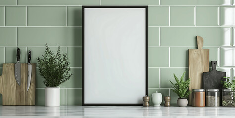 Fototapeta premium An empty mock-up poster frame in a light green kitchen